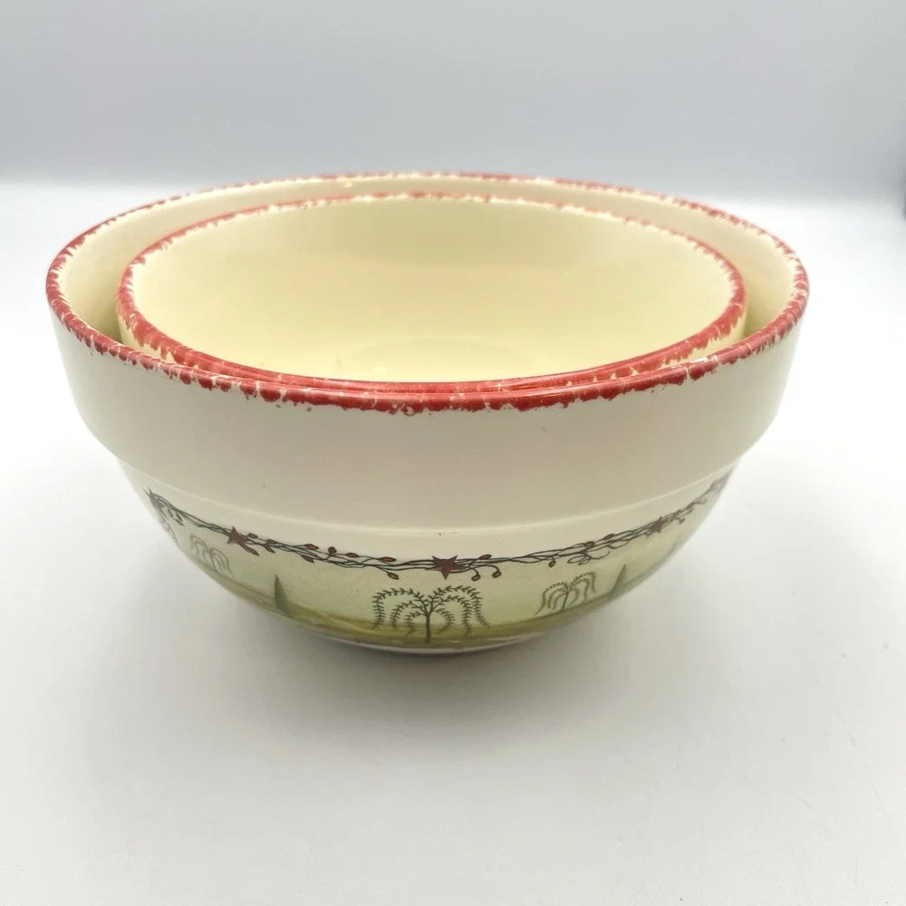 HUABO Farmhouse Mixing Bowls Set Of 2 Country Landscape Rustic Sponge Rim‎
